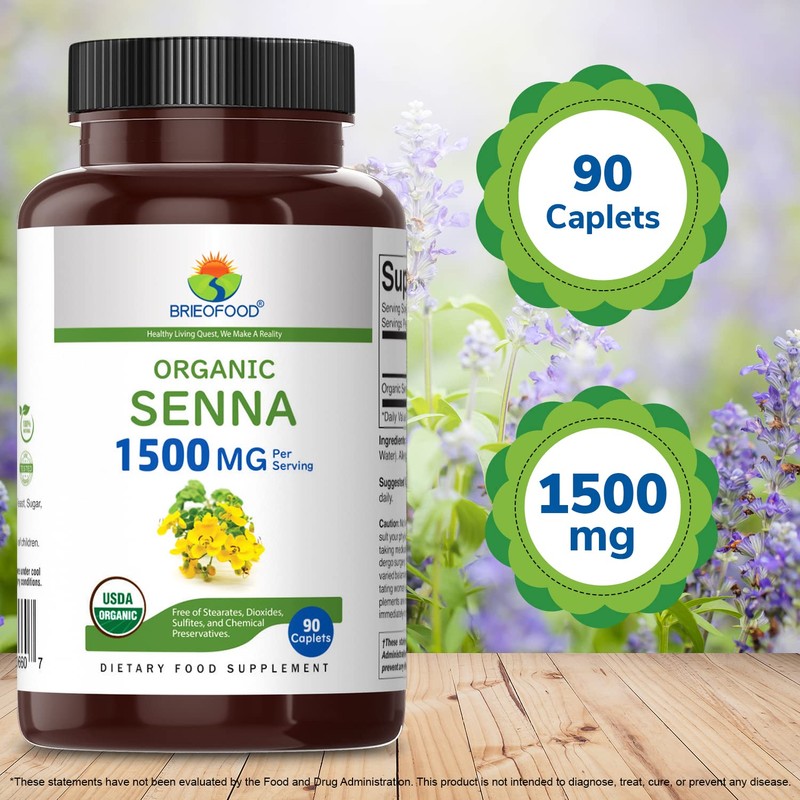Brieofood Organic Senna 1500mg, 45 Servings, Vegetarian, Gluten Free, 90