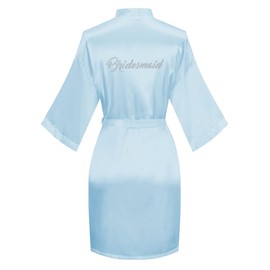 Goodsaleok Women's Satin Robe Short Kimono for Bride & Bridesmaid with Silver Rhinestones, Wedding Party Robes Dirty Blue Bridesmaid