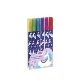 Janod - 6 Glitter Effect Markers - Unicorn Theme - 6 Colours - Magic Marker for Drawing, Colouring, Crafting Art Crafts, Gift Idea for Teens - Creative Activities - 6 Years and Up - J08934