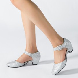 Enelauge Women's Ankle Strap Closed Toe Low Chunky Heel Dress Work Pumps Glitter Silver 40-8 US