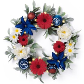 Valery Madelyn Patriotic Wreath for Front Door with Lights,20'' Red White Blue 4th of July Wreath for Memorial Day Decorations,Floral with Ball Ornament for Independence Day Americana Decor