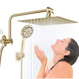Rain Shower Head with Handheld Head High Pressure 10" Large Rainfall Showerhead+7-Spray Handheld Head Combo, 11" Shower Extension Arm, 71" Hose, 3 Settings Diverter, Gold