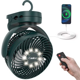 Camping Fan with Remote Control - 12000mAh Rechargeable Battery Powered Fan, Camping Fans for Tents with LED light & Hanging Hook, Rechargeable Battery Operated Ceiling Fans for Tent RV Bed, Green