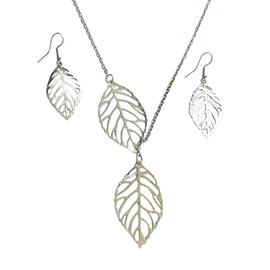 Dishowme Leaf Necklace Earrings Set 3Pcs Lariat Leaf Pendant Necklace Hollow Feather Jewelry for Women Girls (Silver)