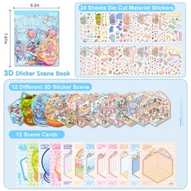 3D Stickers Scene, 12 Sets DIY 3D Scene Sticker Collection Book for Adults Girls, Cute 3D Cartoon Sticker Therapy Activity for Stress Relief, Crafts & Gifts