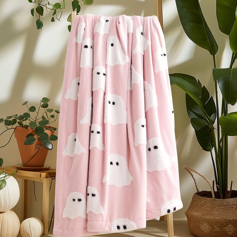 Smoofy Throw Blanket Halloween Blanket with White Ghost Pink Throw