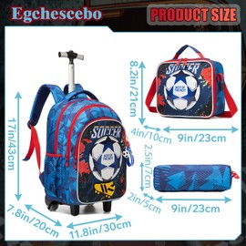 Kids Rolling Football Backpack for Boys Trolley Suitcases Luggage Travel with Wheels Bookbag Wheeled 17" 3PCS Roller Backpacks Toddler Tote Bag Back Pack School Bags Set Elementary Blue