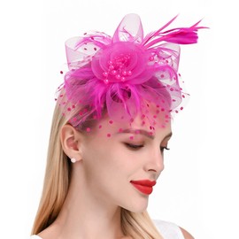 WATEFOER Fascinators Hat for Women Girls Tea Party Headband Flower Cocktail Mesh Feathers Kentucky Derby Hat for Wedding Party Church, Hot pink