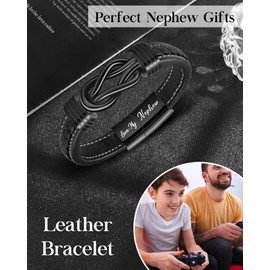 YELUWA Nephew Bracelet from Auntie Uncle, Engraved Love My Nephew Leather Bracelet Birthday Gifts Christmas Graduation Gifts for Him 21.5cm