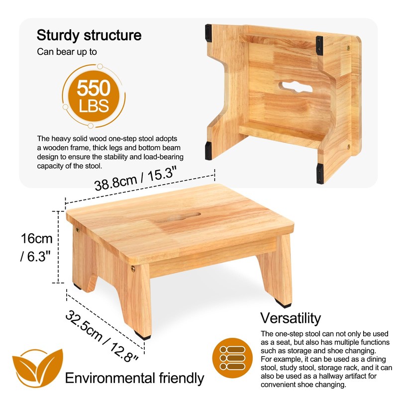 One Step Stool for Adults Seniors, 6.5" Heavy Duty Wooden