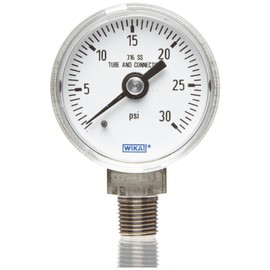 WIKA 9767088 Industrial Pressure Gauge, Liquid/Refillable, Copper Alloy Wetted Parts, 2-1/2" Dial, 0-200 psi Range, +/- 2/1/2% Accuracy, 1/4" Male NPT Connection, Bottom Mount