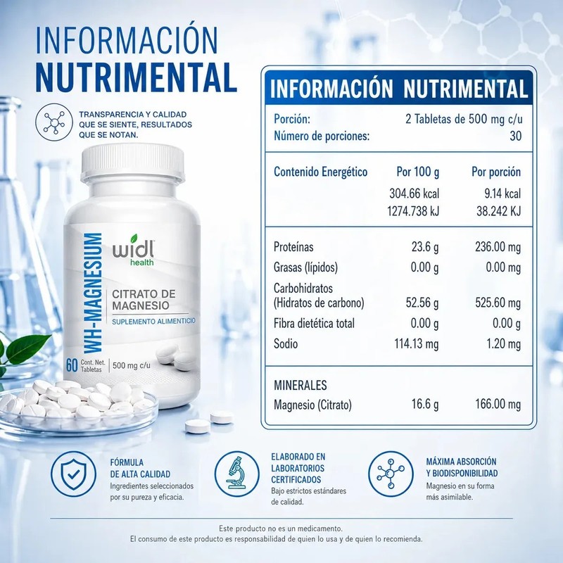 Citrato de Magnesio Widl Health en Tabletas, Suplemento Nutricional de