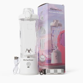 Kitchen Guru Elite Rechargeable Travel Blender: 240W Personal Smoothie Maker with 6-Leaf Blade, 600ml Capacity, and Innovative Pop-Up Design for Easy Portability - For Home or On the Go (White)