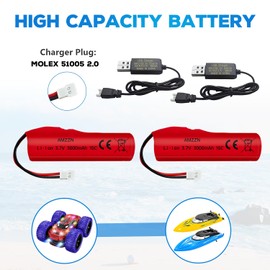 AMZZN 2PCS 3.7V 3000mAh Li-ion Battery with Molex Plug and USB Charging Cable for RC Engineering Vehicles,Drifting Vehicles,Trucks,Off-Road Cars,High-Speed Climbing Racing Cars,Remote Control Boats