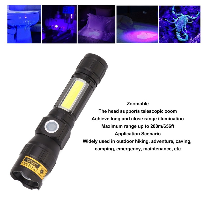 LED Flashlight USB Magnetic Charging 7 Gears Zoomable Black Light