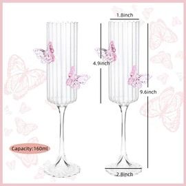 UNWAAT 2 Pack Champagne Glasses with 3D Butterflies Coquette Butterfly Wine Glasses Pink Butterfly Wine Cocktails Glassware for Home Bar Wedding Bridal Shower Bachelorette Party (Stripes glass)