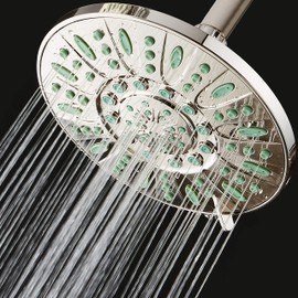 AquaDance 7-inch 6-Setting Rainfall Showerhead with Anti-Microbial Microban Protection from Mold, Mildew, and Bacteria - Clog-Free, Brushed Nickel Finish/Coral Green Jets