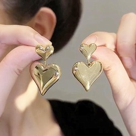 Gold Puffy Heart Earrings for Women Trendy Double Heart Dangle Drop Earrings Gold Statement Earrings Jewelry for Women Girls Valentines Day Gifts