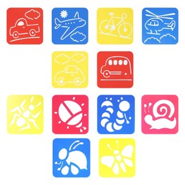 Set of 12 Reusable Drawing Stencils for Children, Plastic Stencils with Animal and Transport Motifs, Ideal for Educational Purposes and Creative Crafts, Reusable, 15 x 14 cm