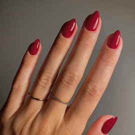 Christmas Red Press on Nails Short Almond Shaped, SXVME 30 Pcs Thick Short Fake Nails Press on Natural Acrylic False Nails Custom Solid Color Glue on Nails Medium Natural Fit Stick on Nails For Women