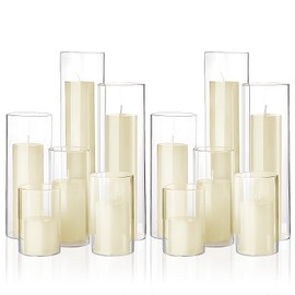 Shihanee Set of 12 Pillar Candles and Glass Cylinder Vases Assorted Sizes Clear Cylinder Holders for Pillar Candles Home Table Centerpieces Wedding Party Decorations (Multiple Sizes,Ivory)