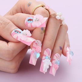 MqpQ Lovefull Angel Wings Square Nails With Blue Heart-shaped Cute Sweet Bow Knot Press On Nails Handmade Fake Nails Long Pink Glitter Powder False Nails for Women And Girls