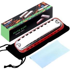 Junior Harmonica,Smoothly Rounded Edge 10 Holes C Key Blues Mouth Organ Harmonica for beginners as ,with Fabric Cloth Pouch,Colourful Box, Red - Colour: black