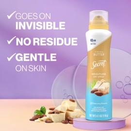 Secret Dry Spray Antiperspirant Deodorant for Women, 48hr Weightless Sweat & Odor Protection, Gentle on Skin, Cocoa Butter Scent, 4.1 oz