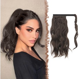 Wavy Ponytail Extension, Natural Curly Wrap Around Ponytails Black Brown Hair Piece Synthetic Long Clip Pony Tail Hairpieces for Women (Dark Brown, 14 Inch)