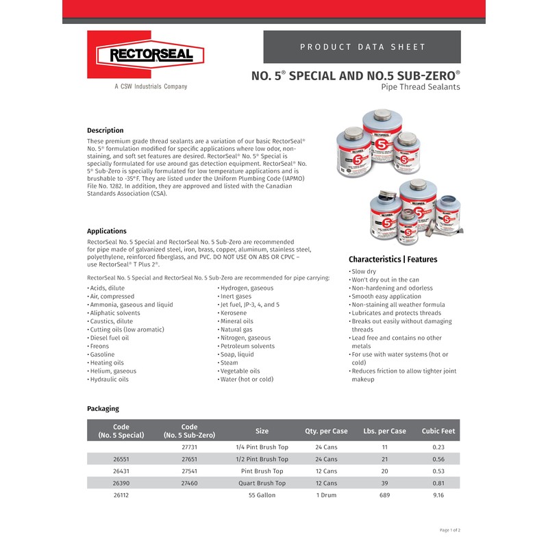 RectorSeal No.5 Sub-Zero 27731 Pipe Thread Sealant, Soft Setting, Slow