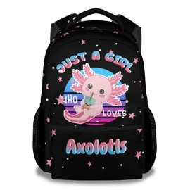 FLEXIMX Axolotl Backpack for Girls, 16 Inch Black Backpacks for School, Cute Lightweight Bookbag for Kids