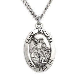 Heartland Store Men's Engravable Saint Michael Sterling Silver Oval Pendant + 24 Inch Rhodium Plate Chain & Clasp …| USA Made