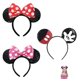Syylqyr 3 PCS Bow Mouse Ears Headband, Shining Mini Mouse Ears, Two Headbands with Bows and one Headband without Bows Headbands for Birthday Party Christmas Party and Role Play
