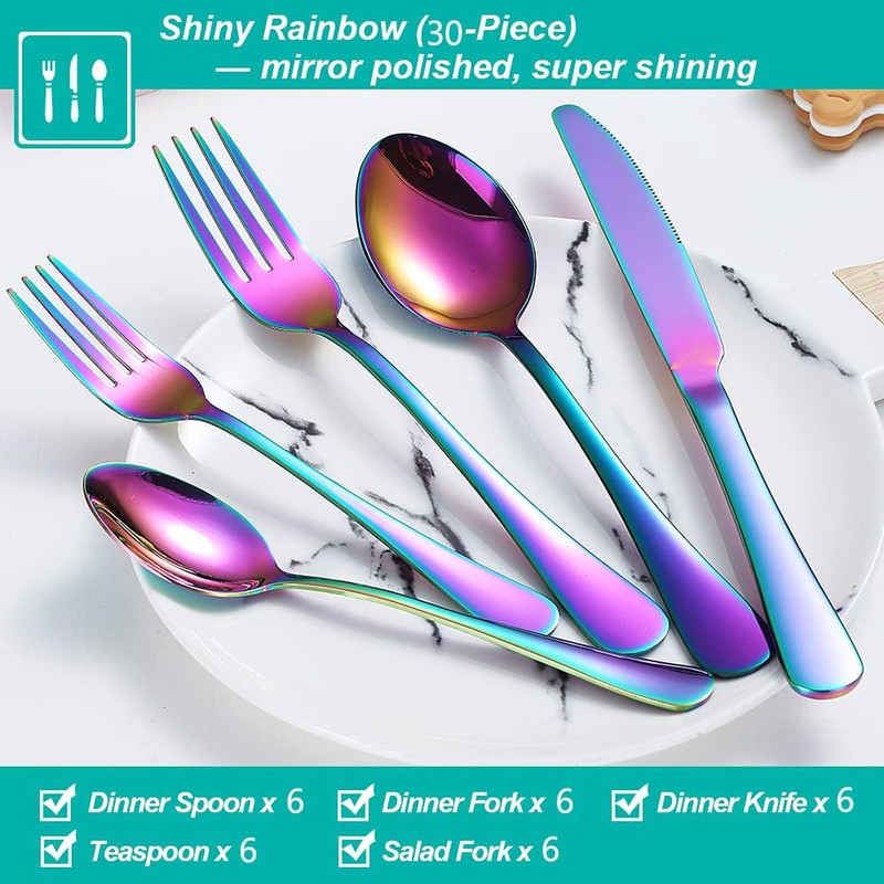 30 Pcs Rainbow Silverware Set for 6, Food Grade Stainless