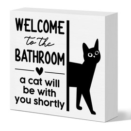 Funny Bathroom Decor Welcome to the Bathroom A Cat Will Be with You Shortly Wooden Box Sign Black Cat Sign for Home Restroom Shelf Tabletop Desk 5 X 5 Inches