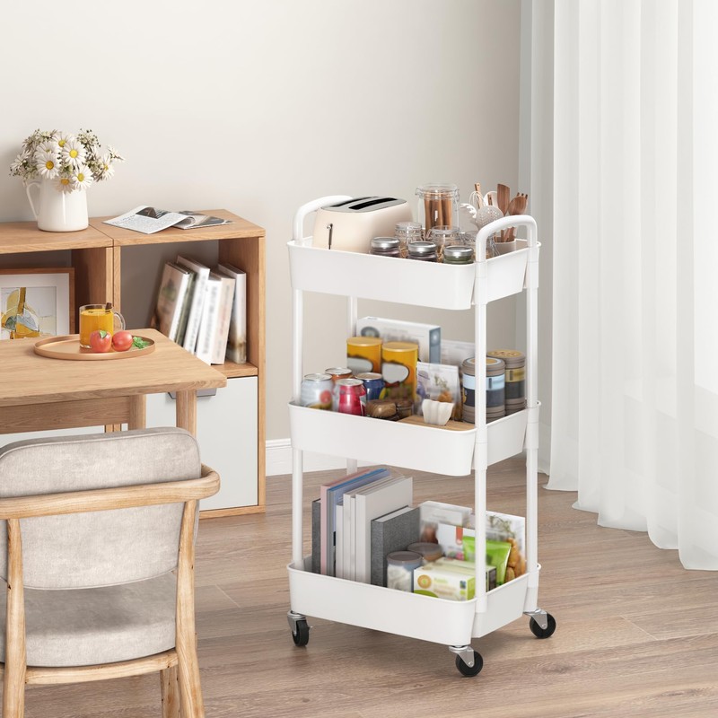 Sywhitta 3-Tier Plastic Rolling Utility Cart with Handle, Multi-Functional Storage