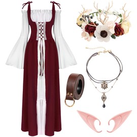 WILDPARTY Renaissance Dresses Medieval Costume for Women Flower Crown Elf Ear Choker Necklace Leather Belt Fairy