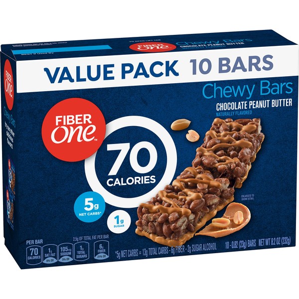 Fiber One 70 Calorie Chocolate Peanut Butter Bars, Snack, 10ct.