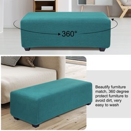PiccoCasa High Stretch Ottoman Cover with Elastic Bottom, Soft Slipcover Jacquard Fabric Small Checks Rectangle Storage Stool Cover Furniture Covers Peacock Blue Large