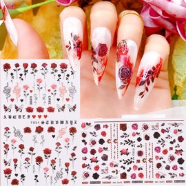 6 Sheets Flower Nail Art Stickers 3D Blue Pink Red Rose Nail Decals Spring Summer Nail Art Supplies Leopard Snake Leaf Butterfly Floral Nail Designs Supply Nail Stickers for Acrylic Nails Decor