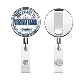 Virginia Beach City USA Grunge Welcome Stamp Round ID Badge Key Card Tag Holder Badge Retractable Reel Badge Holder with Belt Clip