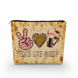 YULUENZE Leopard Canvas Makeup Bag Peace Love Makeup Organizer Bag Canvas Toiletry Zipper Pouch Cheetah Pattern Cosmetic Bag Birthday Present for Makeup Artists Women Friends