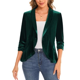 MINTLIMIT 3/4 Ruched Sleeves Womens Velvet Blazer with Ruffle Hem Shawl Collar One Button Closure for Office and Social Occasions (Dark Green L)