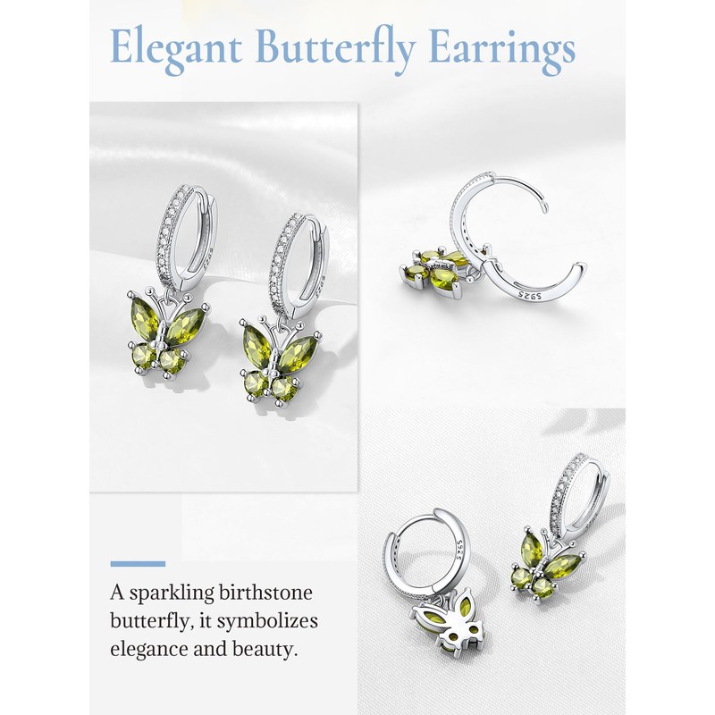 Silvercute Dangly Earrings Womens Peridot August Birthstone Butterfly Dangle Earrings