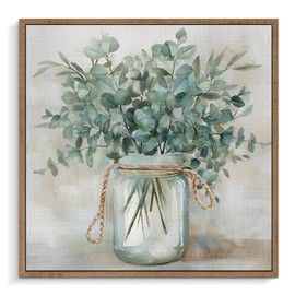Pinetree Art Framed Soothing Eucalyptus Leaf Wall Decor for Bathroom - Vintage Botanical Rustic Mason Jar Flower Arrangement Canvas Wall Art for Farmhouse Bedroom Kitchen Decoration