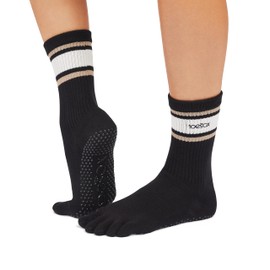 toesox Women's Grip Crew Socks - Non Slip Crew Full Toe for Yoga & Ballet, Oat Stripe Medium