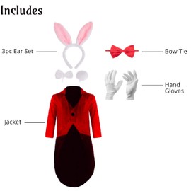 Lizzy Child Rabbit Costume (10-12 Years) 3pc Pink Bunny Ear set, Tail Coat, Red Bow Tie Cotton Gloves Kids fancy dress costume accessory world book day Easter School Cosplay