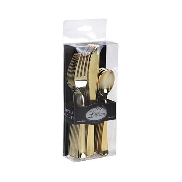 Lillian Tablesettings Premium Polished Plastic Cutleries, Full Size, Gold