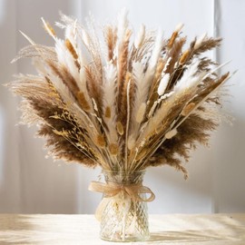 JARELING 106pcs Natural Dried Pampas Grass Decor with Vase Artificial Flowers in Vase Boho Home Decor Bouquet Bunny Tails Dried Flowers, Reed Grass Bouquet for Wedding Floral Arrangements (106pcs)