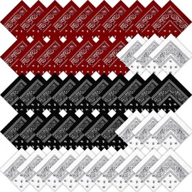 50 Pcs Bandanas Paisley Cowboy Polyester Bandanas Bulk Multi Purpose Headband for Men Women Party Costume (Black, Wine Red, White)
